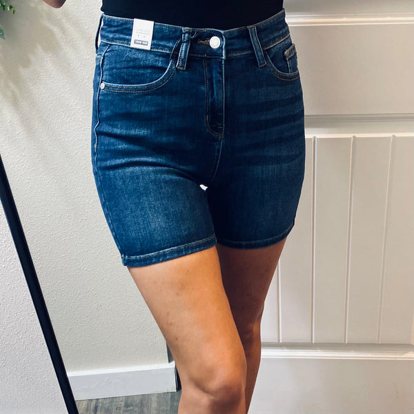Judy Blue Dark Non-Distressed Mid-Length Shorts
