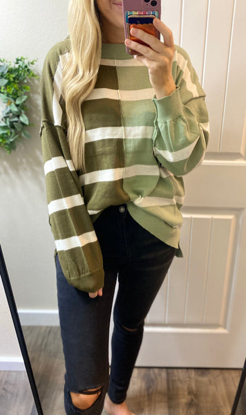 Olive Color Block Striped Sweater