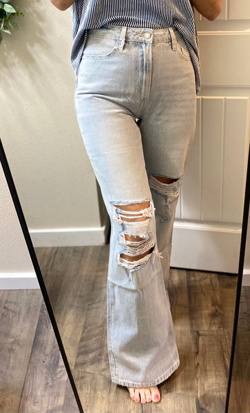 Vervet Lightwash Vintage Distressed Wide Leg Flare Denim