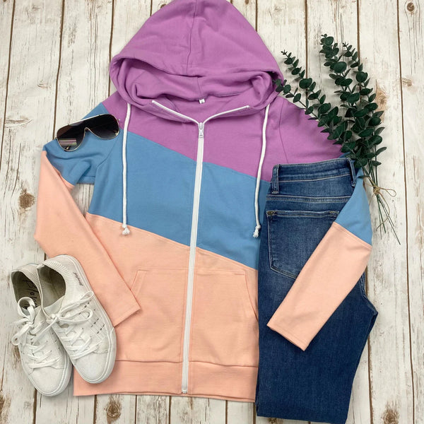 Purple/Blue/Peach Colorblock Full Zip Hoodie