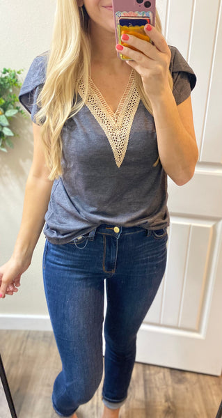 Charcoal Lace Trim V-Neck Top