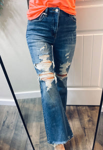 Risen Distressed Dark Flare Denim