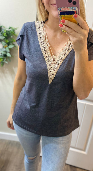 Charcoal Lace Trim V-Neck Top