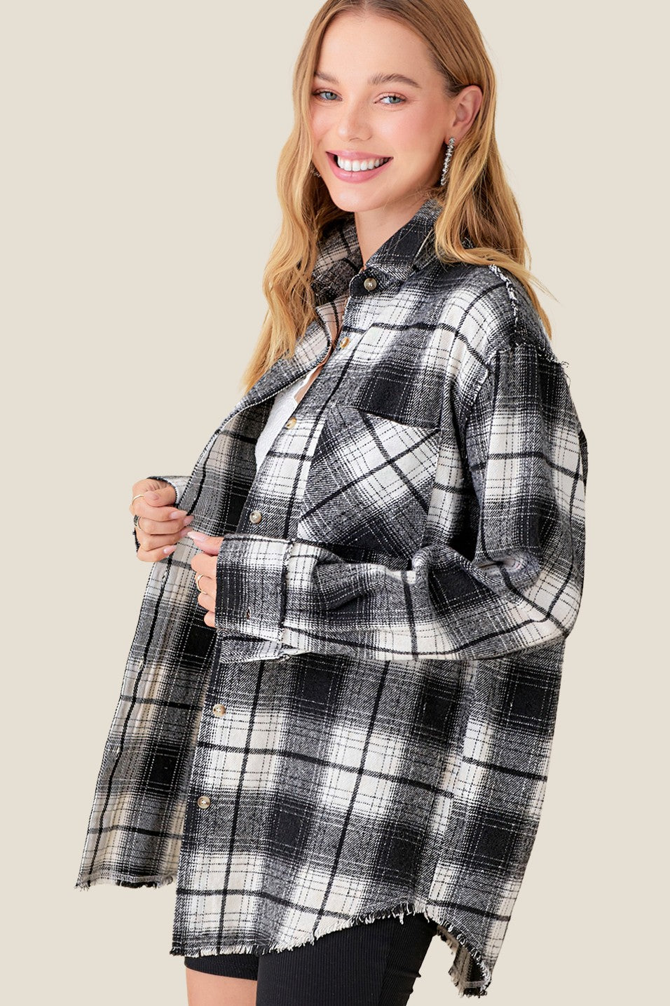 Black Plaid Fray Hem Button-Down