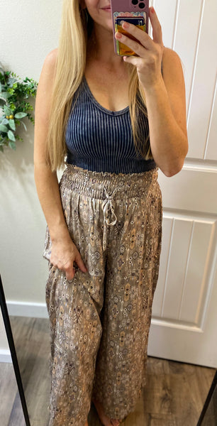 Printed Smocked Slit Pants