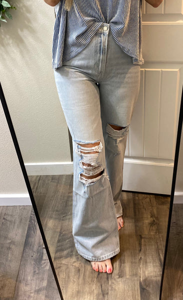 Vervet Lightwash Vintage Distressed Wide Leg Flare Denim