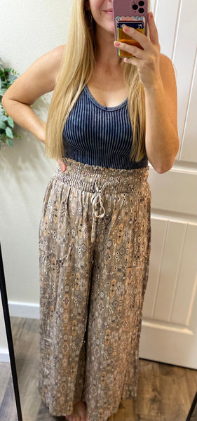 Printed Smocked Slit Pants