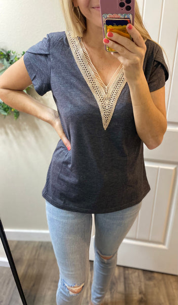 Charcoal Lace Trim V-Neck Top