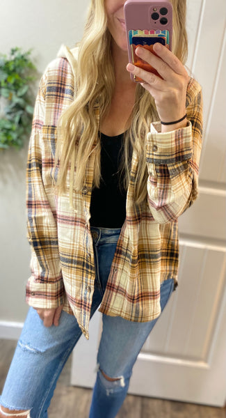 Saffron Plaid Button Up Hooded Flannel