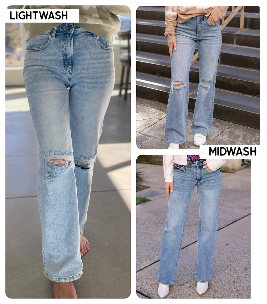 Wide Leg Premium Denim in Distressed Light-Wash