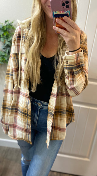 Saffron Plaid Button Up Hooded Flannel