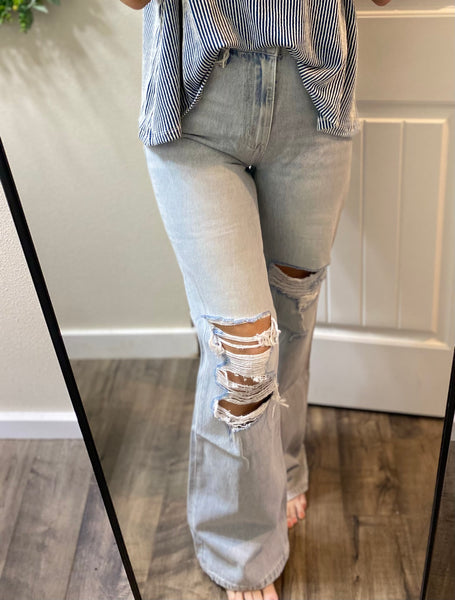 Vervet Lightwash Vintage Distressed Wide Leg Flare Denim