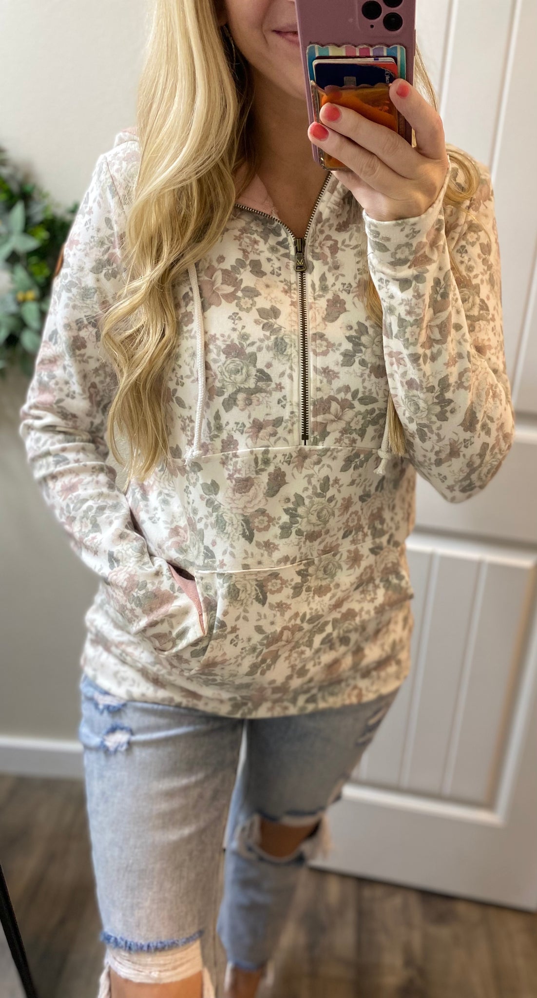 Mauve Floral 1/2 Zip Hoodie