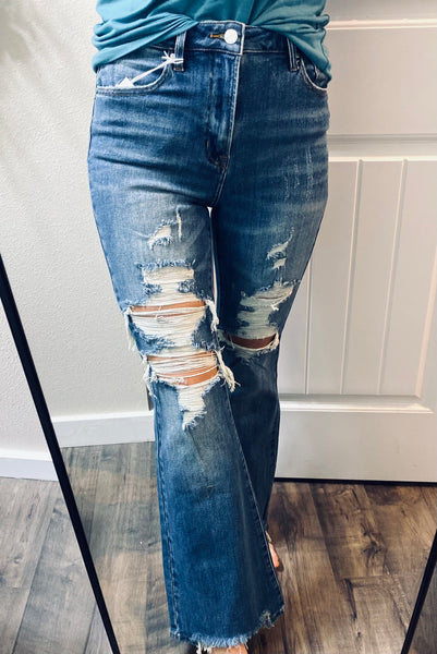 Risen Distressed Dark Flare Denim