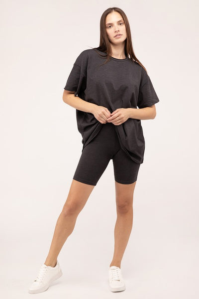 Oversized Round Neck Tee and Bike Shorts Set