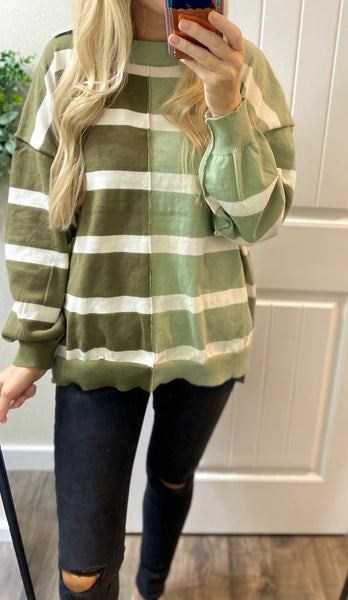 Olive Color Block Striped Sweater