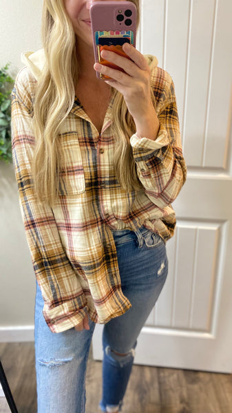 Saffron Plaid Button Up Hooded Flannel