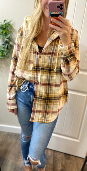 Saffron Plaid Button Up Hooded Flannel