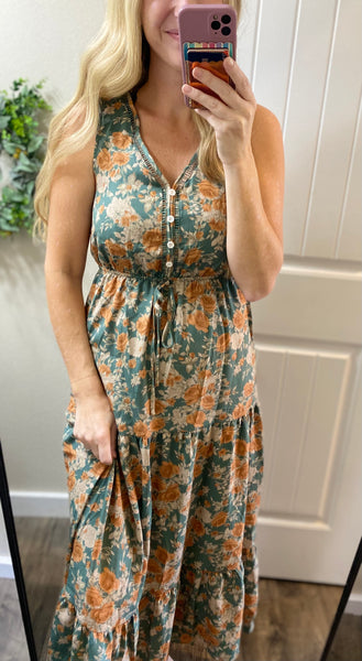 Fall Button Floral V Dress