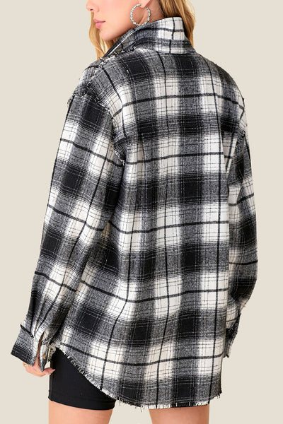 Black Plaid Fray Hem Button-Down