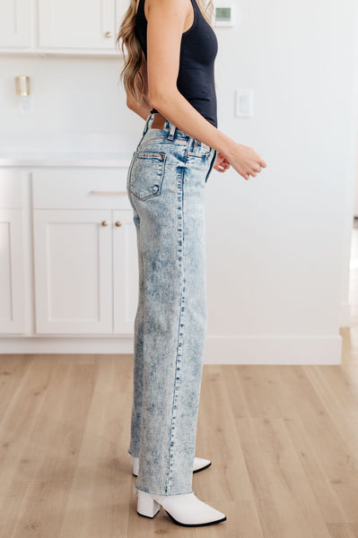 Judy Blue Acid Wash Raw Hem Wide Leg Jeans