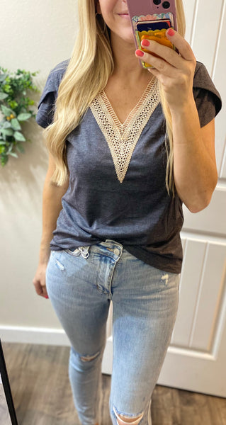 Charcoal Lace Trim V-Neck Top