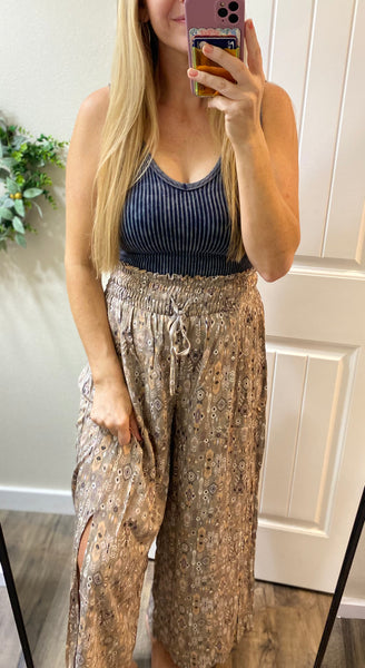 Printed Smocked Slit Pants