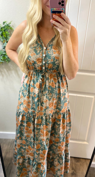 Fall Button Floral V Dress