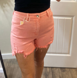 Flamingo Pink Risen Distressed Hem Shorts