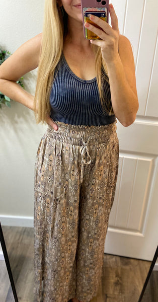 Printed Smocked Slit Pants