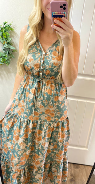 Fall Button Floral V Dress