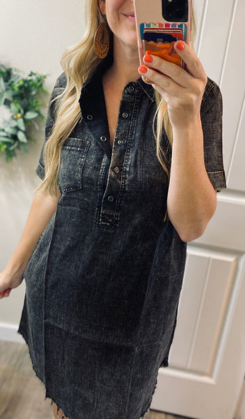 Black Mineral Wash Pocket Fray Dress