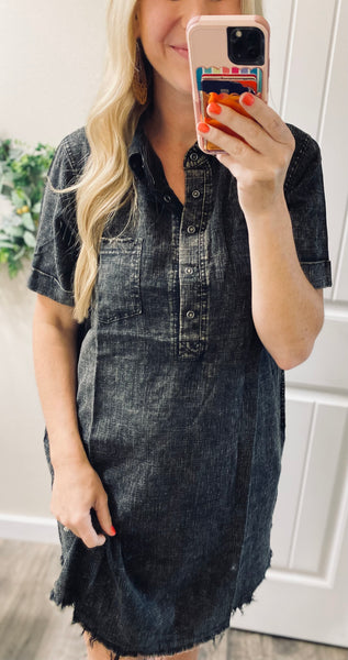 Black Mineral Wash Pocket Fray Dress