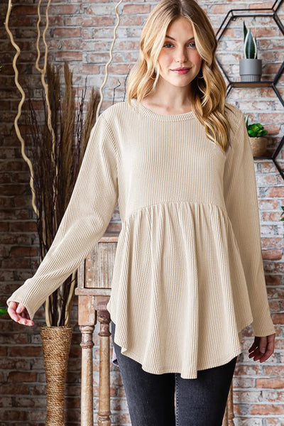 Cream Ribbed Babydoll Long Sleeve Top