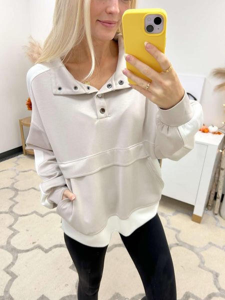 Cloud Taupe Snap Button Pullover