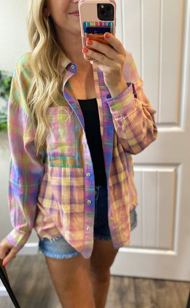 Plaid Colorblock Button-up