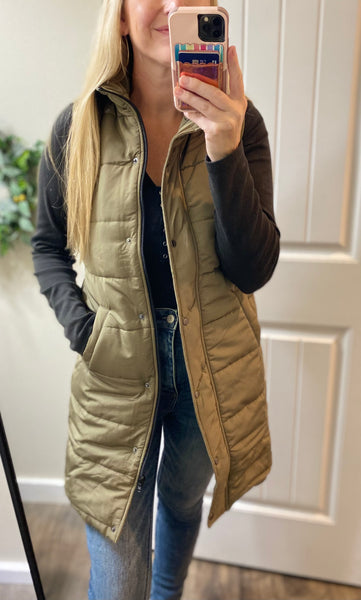 Olive and Cinnamon Long Puffy Vests