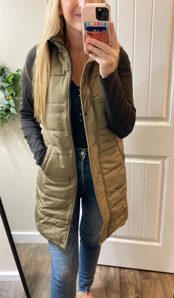 Olive and Cinnamon Long Puffy Vests