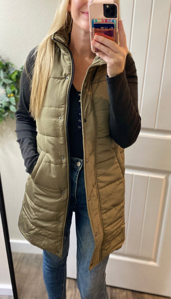 Olive and Cinnamon Long Puffy Vests