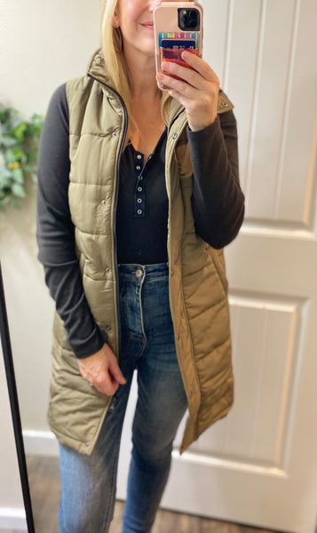 Olive and Cinnamon Long Puffy Vests