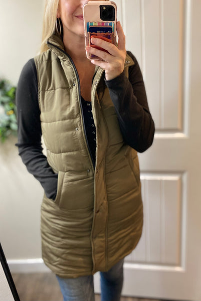 Olive and Cinnamon Long Puffy Vests