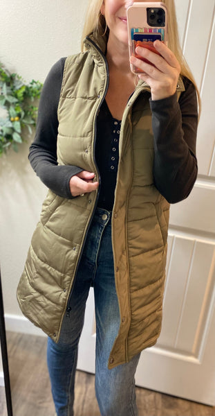 Olive and Cinnamon Long Puffy Vests