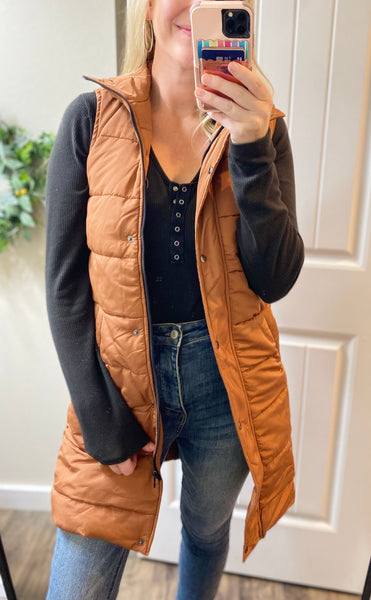 Olive and Cinnamon Long Puffy Vests