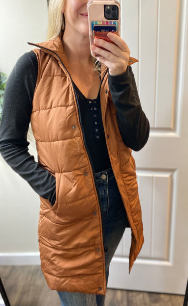 Olive and Cinnamon Long Puffy Vests