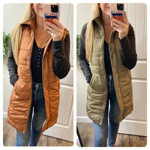 Olive and Cinnamon Long Puffy Vests