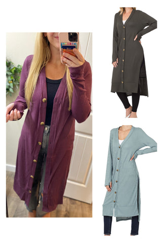 Long Ribbed Button Cardigan