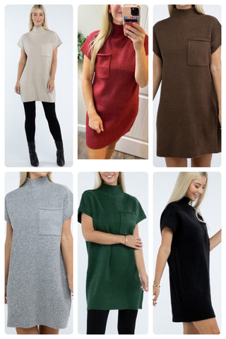 Mock Neck Short Sleeve Sweater Dress