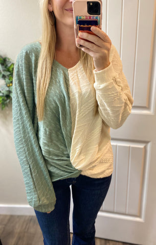 Textured Sage Twisted Front Long Sleeve