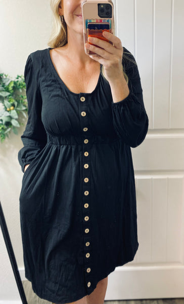 Scoop Neck Button Down Long Sleeve Dress