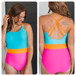 Blue/Orange/Pink Cross Cross Back Swimsuit (1 week)